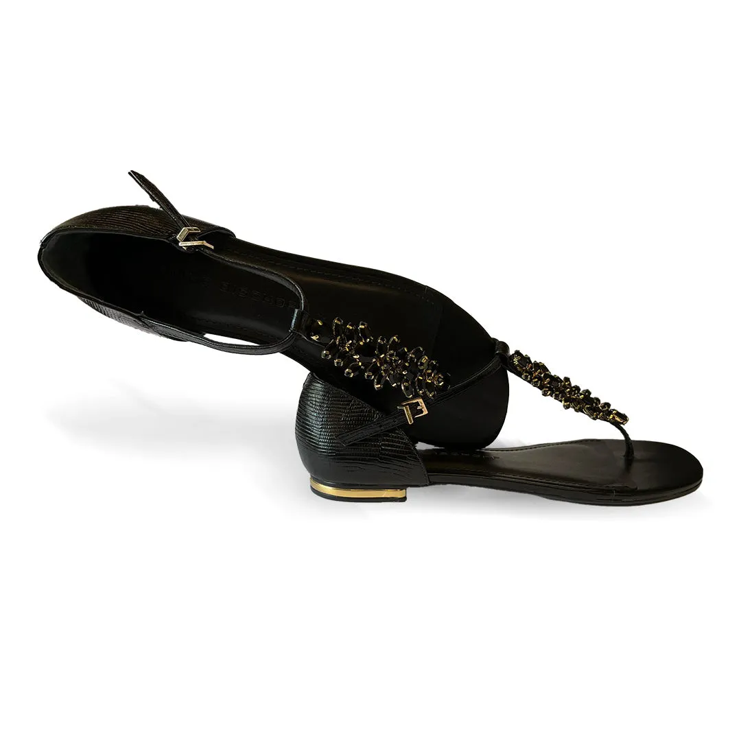 Black Flat Sandal with Stones