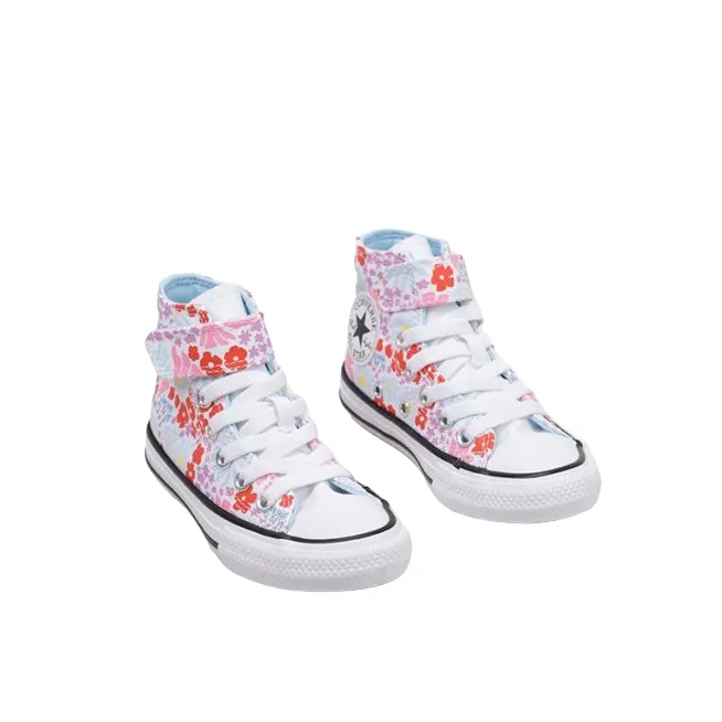 Converse scarpa sneakers da bambina con laccio elastico e velcro a fantasia fiori A06339C bianco-celeste-rosa