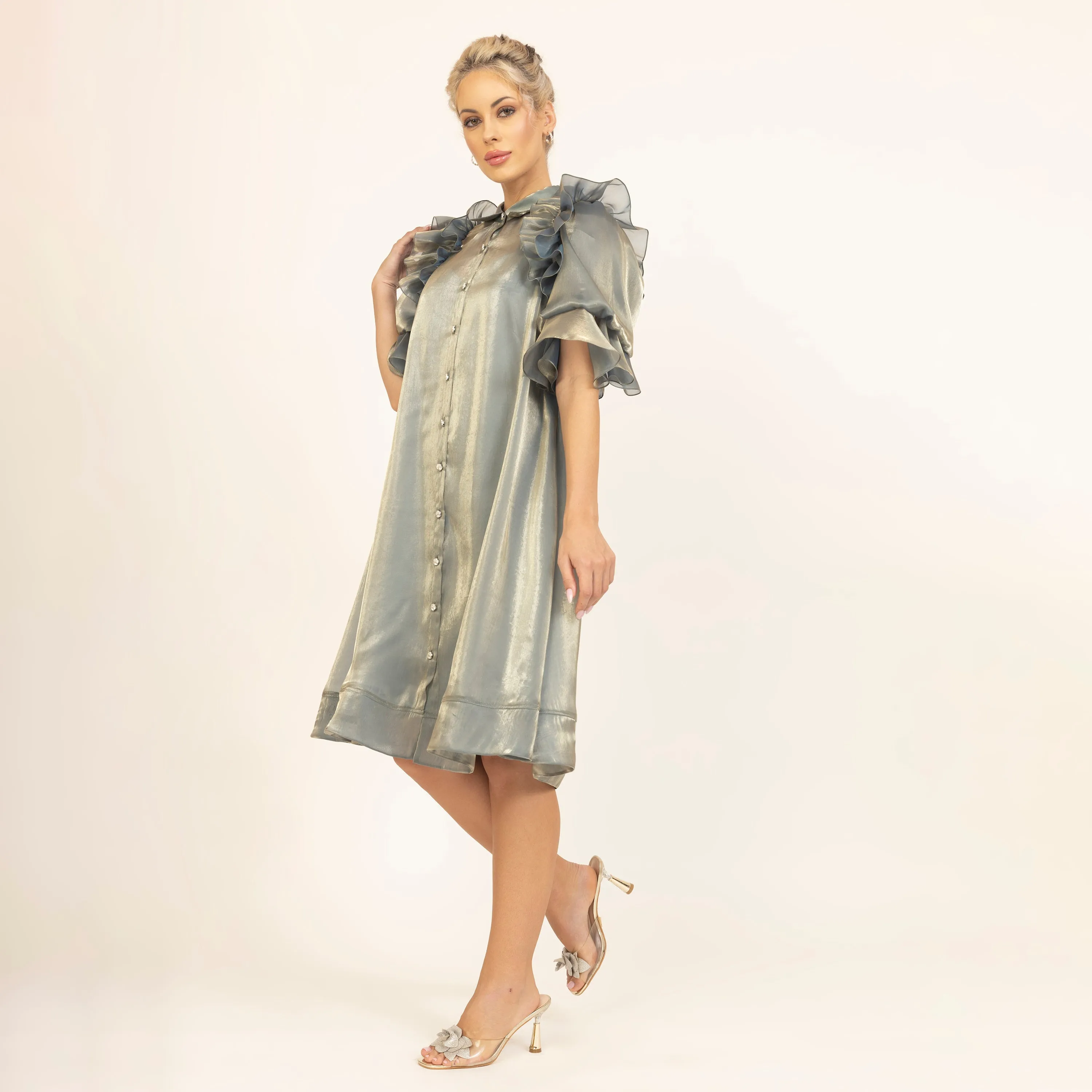 Green Satin Organza Puff Frill Jacket With Speghetti Inner