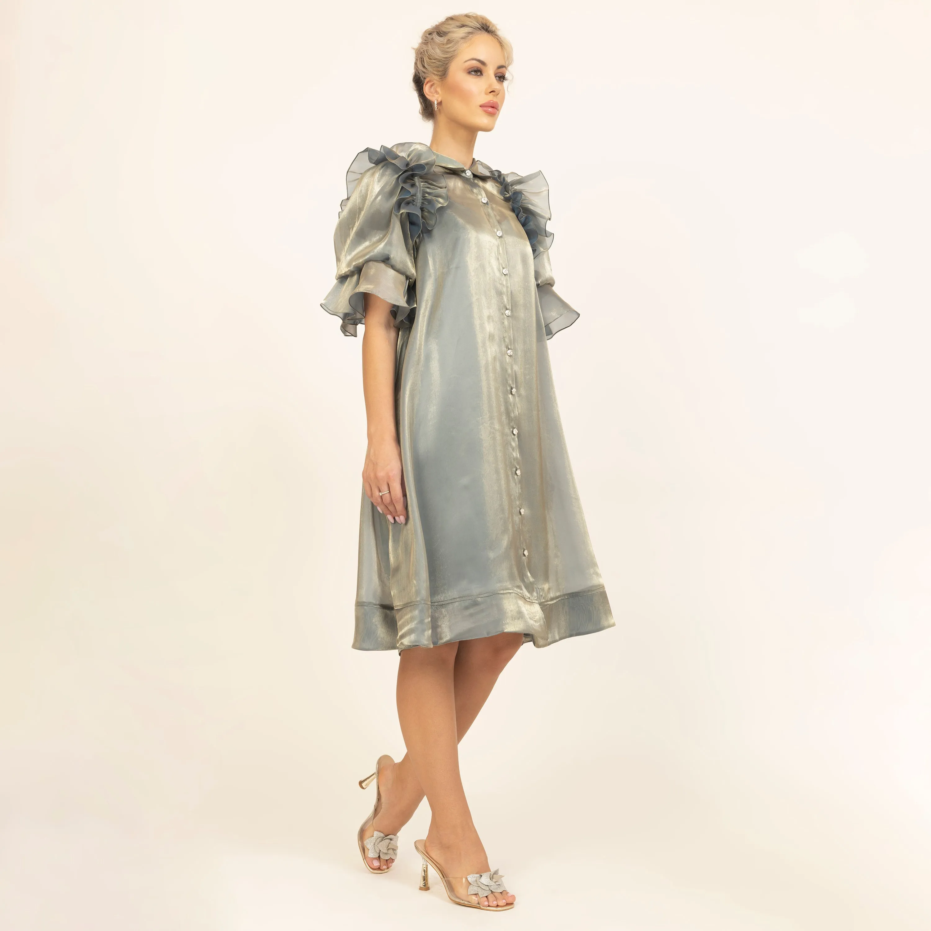 Green Satin Organza Puff Frill Jacket With Speghetti Inner