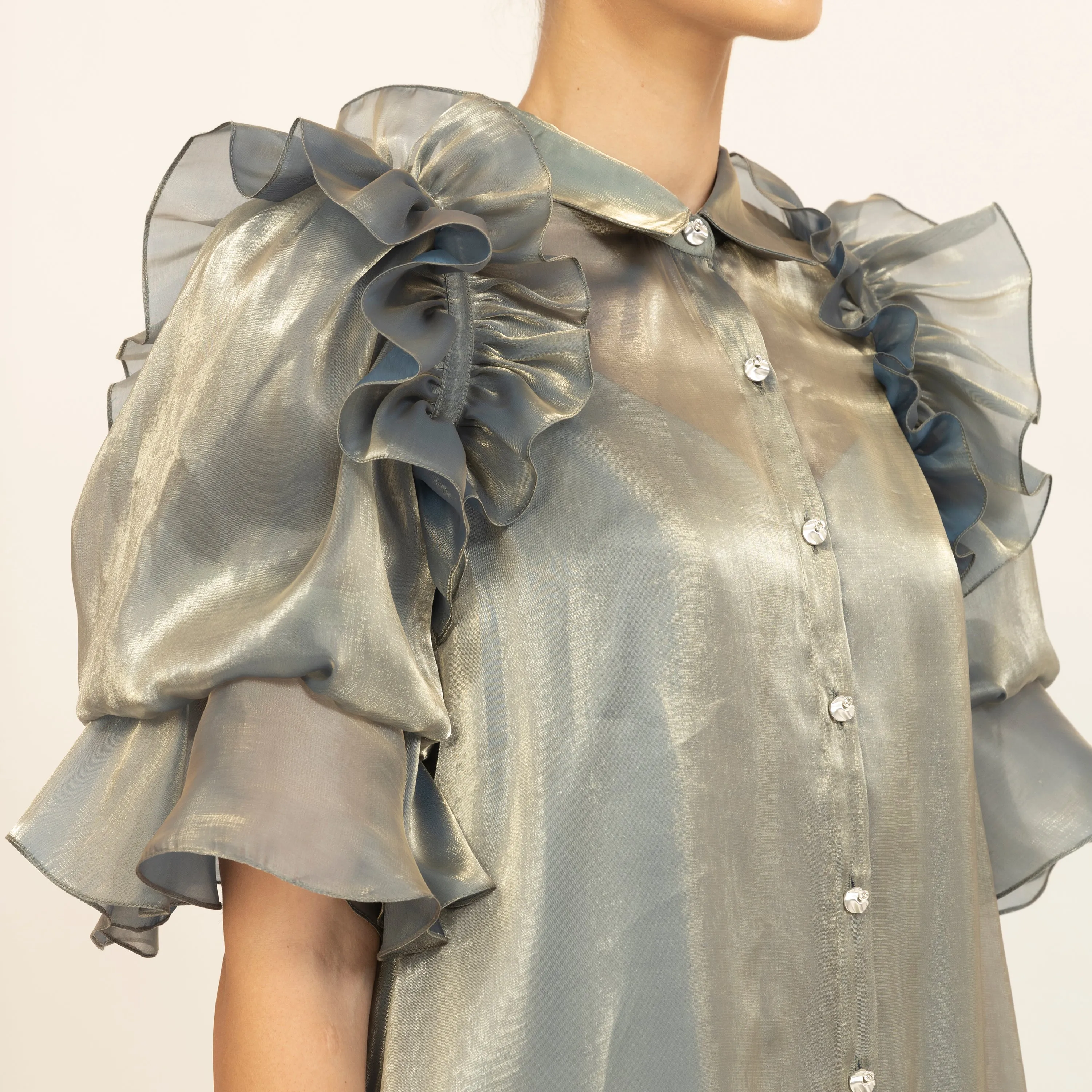 Green Satin Organza Puff Frill Jacket With Speghetti Inner