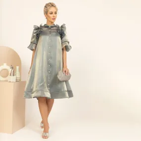 Green Satin Organza Puff Frill Jacket With Speghetti Inner