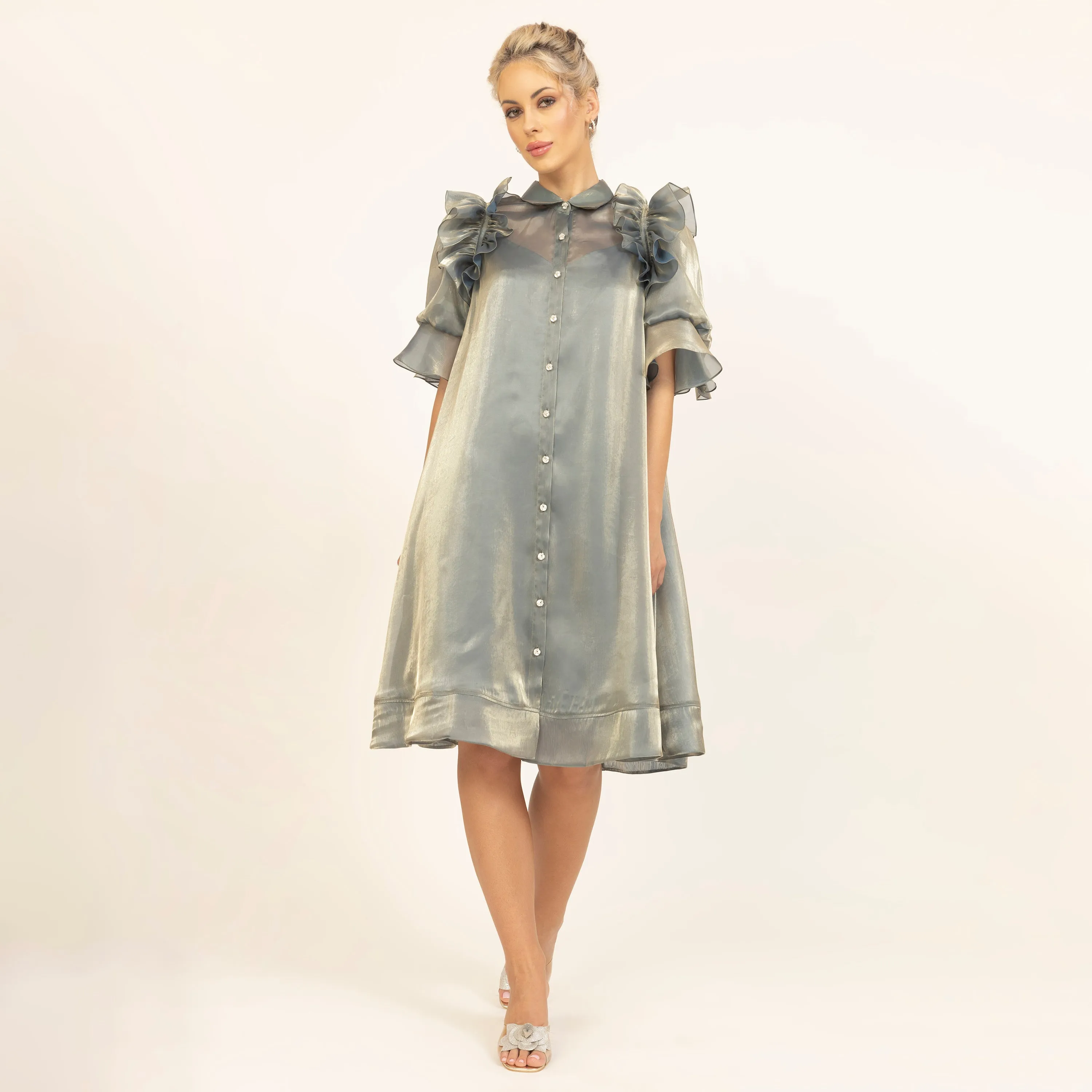 Green Satin Organza Puff Frill Jacket With Speghetti Inner