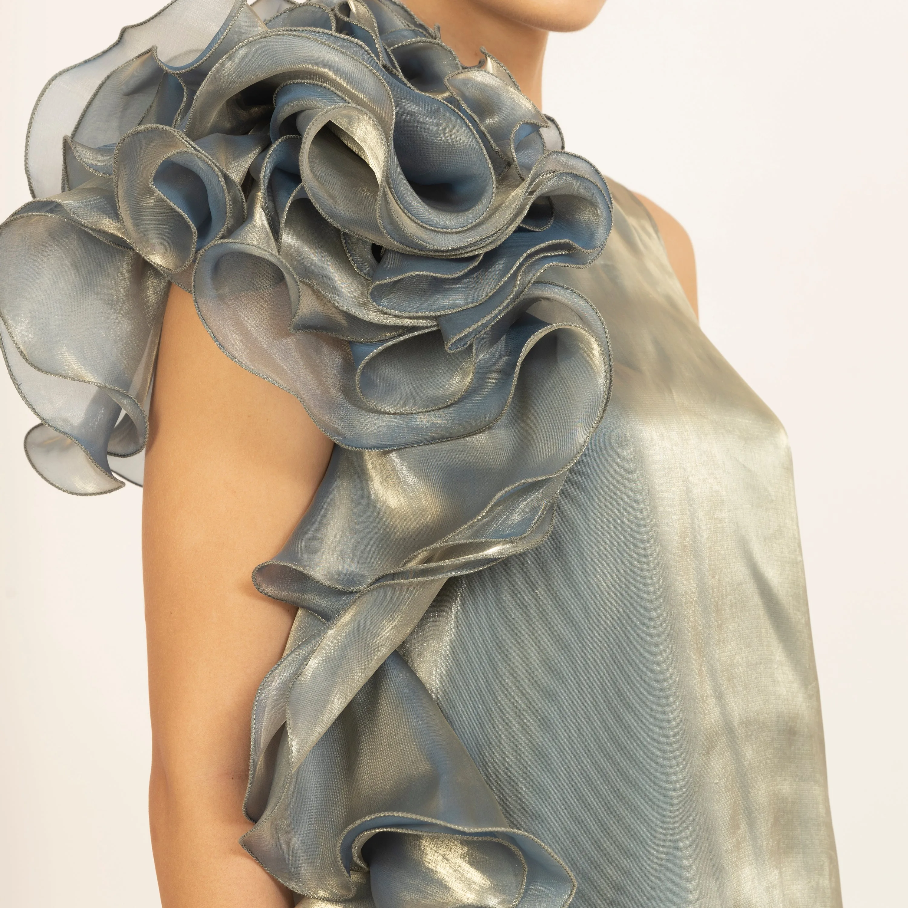 Green Satin Organza Ruffle Top