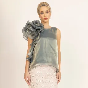 Green Satin Organza Ruffle Top