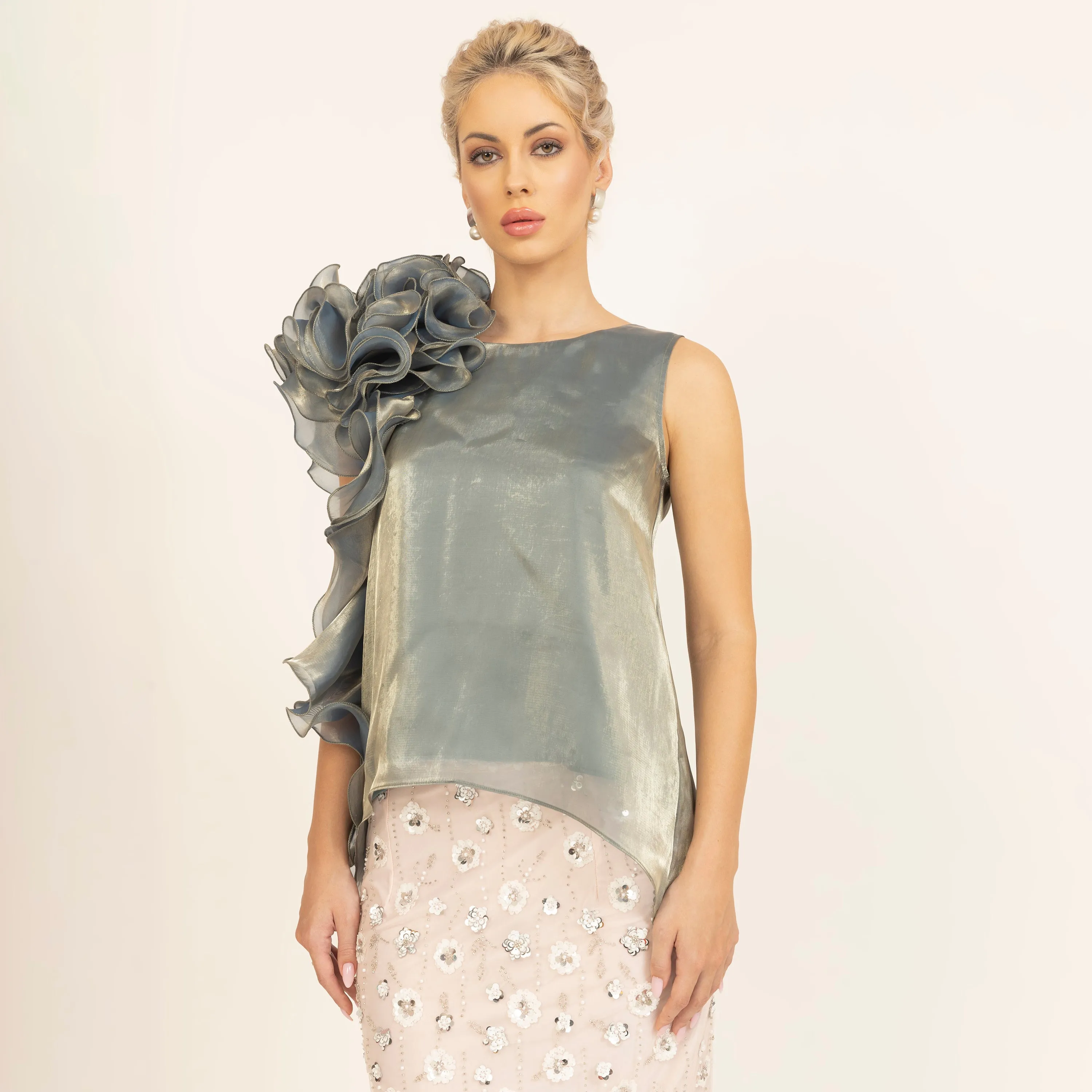 Green Satin Organza Ruffle Top