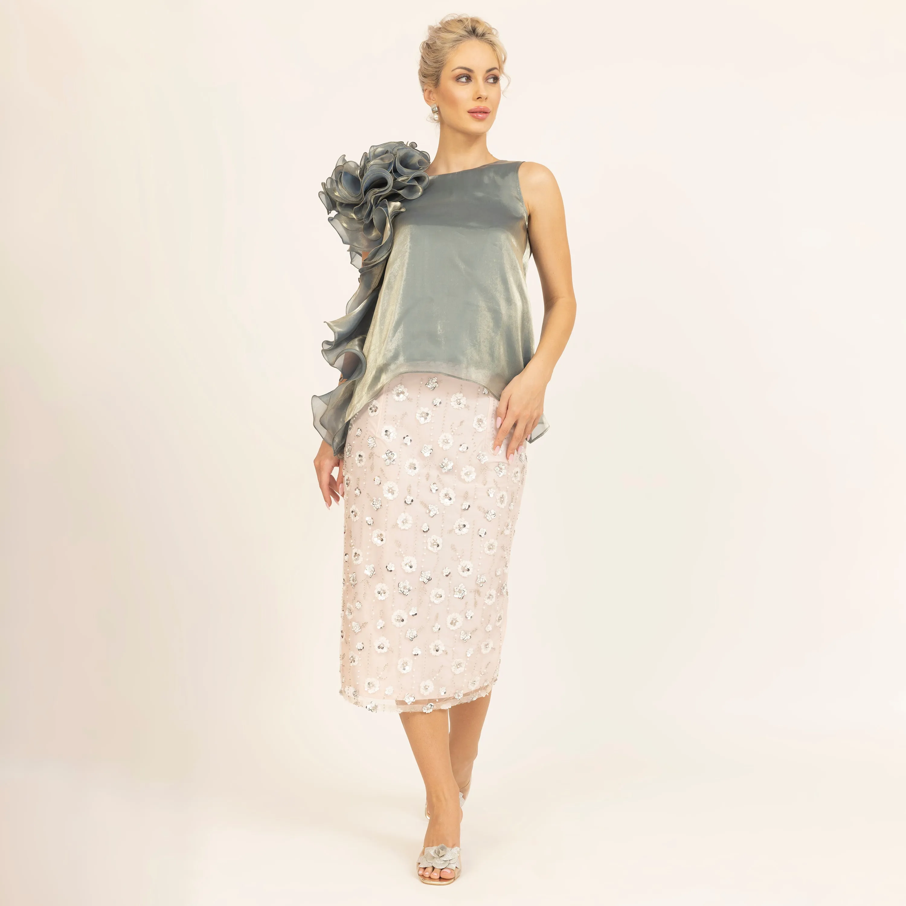 Green Satin Organza Ruffle Top