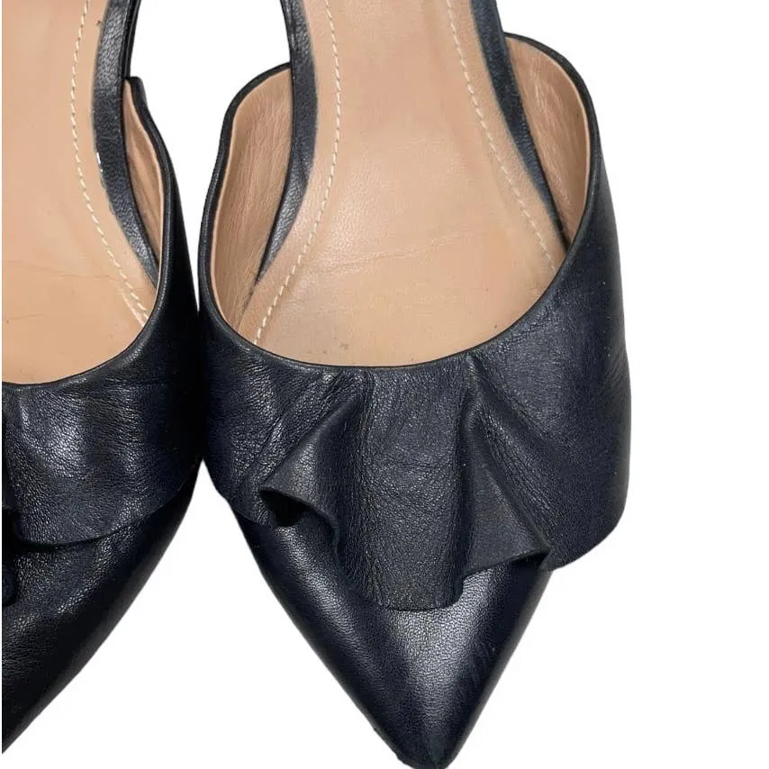 Lewit Alessia Ankle Strap Ruffle Ballet Flats Leather 37.5 7.5 Black
