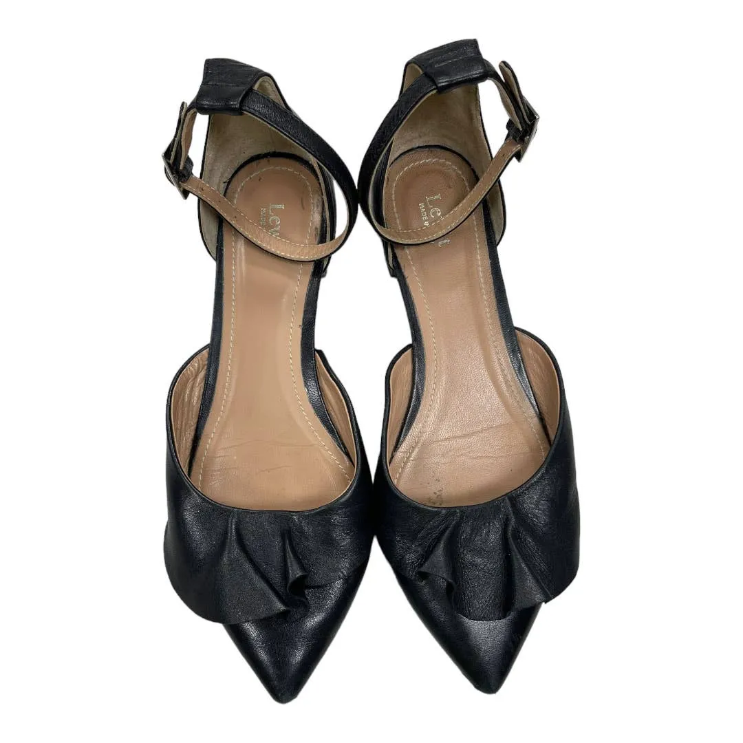 Lewit Alessia Ankle Strap Ruffle Ballet Flats Leather 37.5 7.5 Black