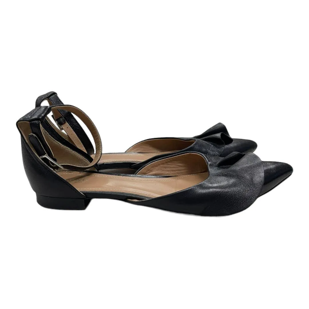Lewit Alessia Ankle Strap Ruffle Ballet Flats Leather 37.5 7.5 Black
