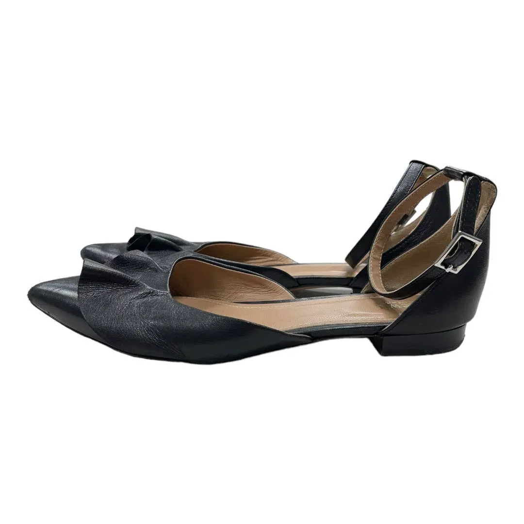 Lewit Alessia Ankle Strap Ruffle Ballet Flats Leather 37.5 7.5 Black
