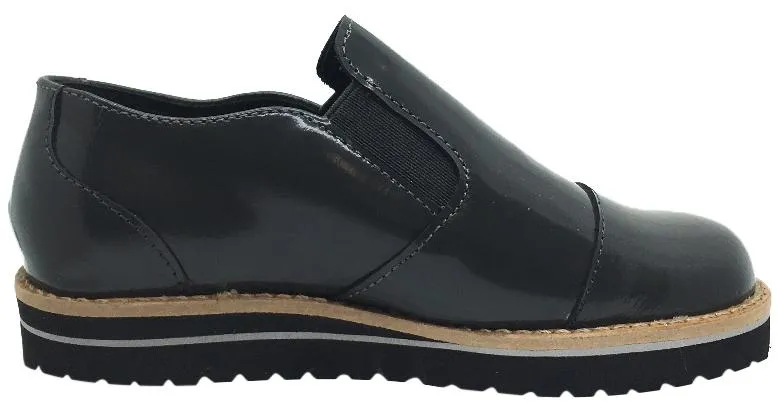 Luccini Girl's Grey Patent Leather Platform Smoking Loafer Flats