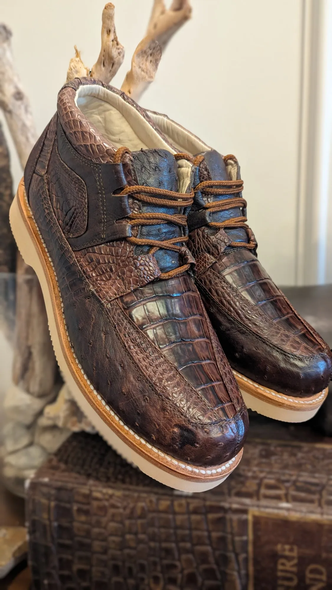 Men’s Coffee Alligator and Ostrich Sneaker Shoes