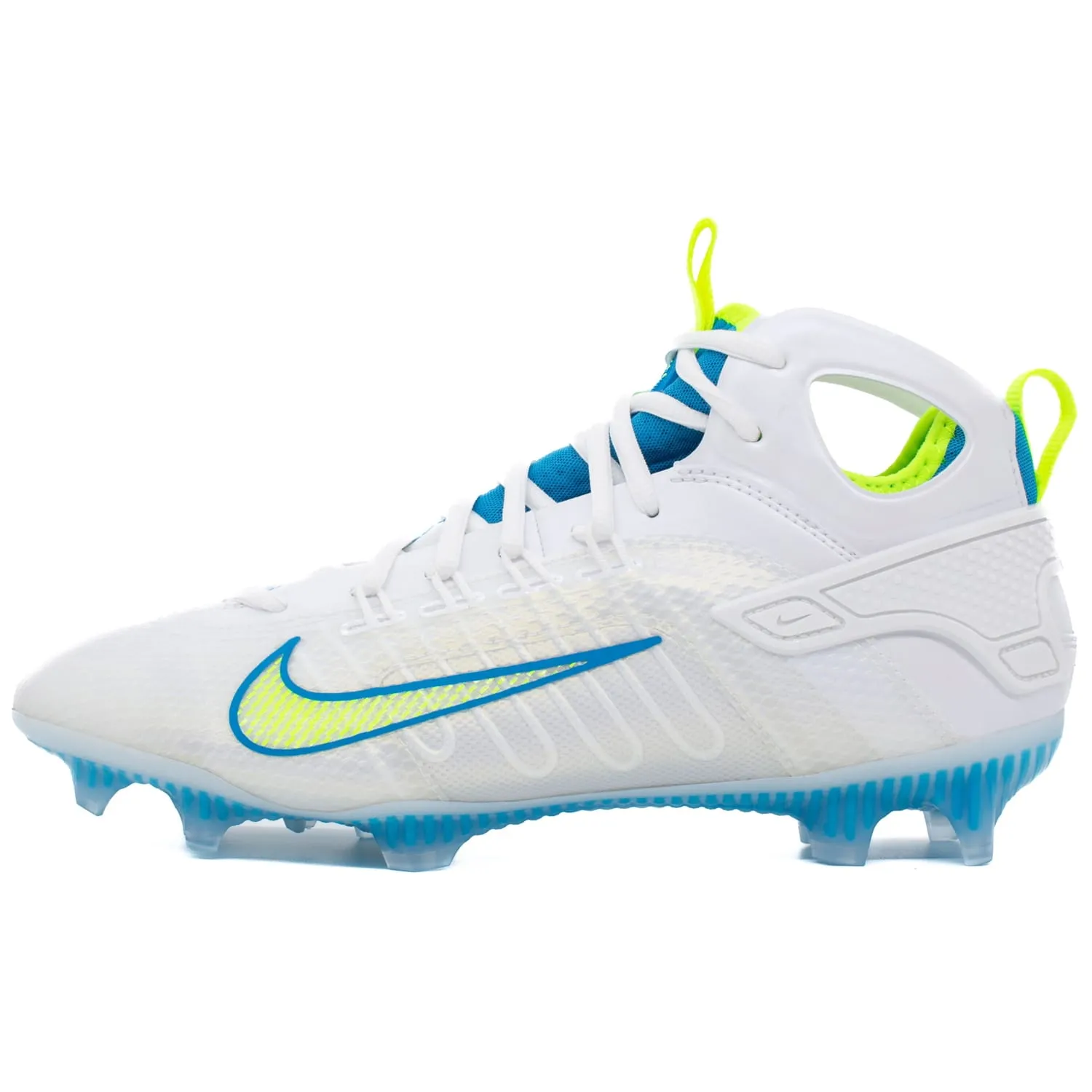 Nike Huarache 9 Elite Mid Lax SE White/Blue/Volt Lacrosse Cleats