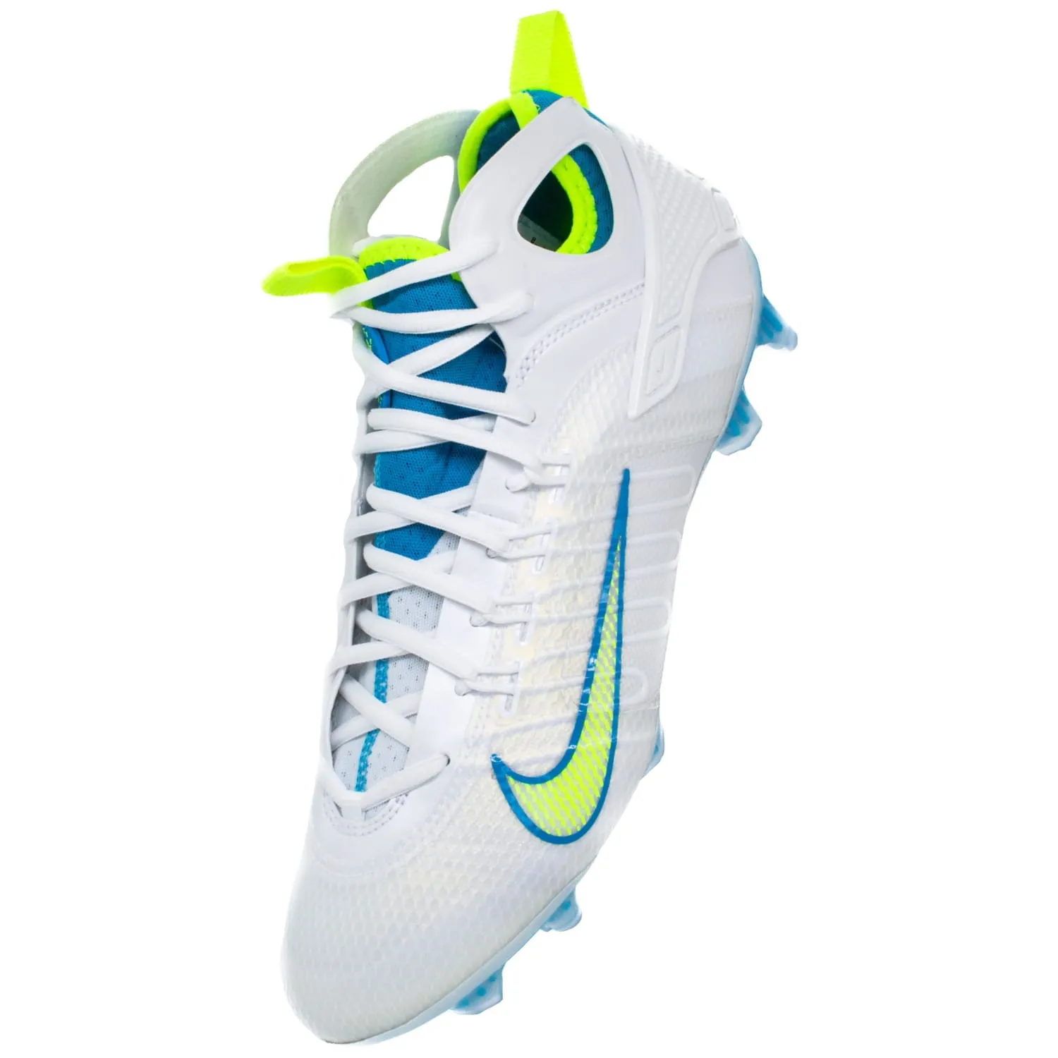 Nike Huarache 9 Elite Mid Lax SE White/Blue/Volt Lacrosse Cleats