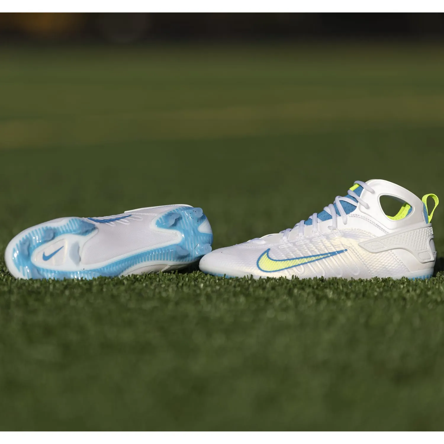 Nike Huarache 9 Elite Mid Lax SE White/Blue/Volt Lacrosse Cleats