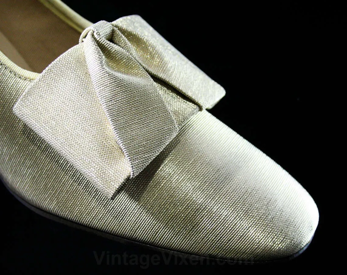 Size 6 Sparkling Gold Shoes - 1960s Metallic Heels - 60s Pumps - Fine Metallic Brocade - Square Bows - Evening - Deadstock - 6M - 43158-3