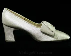 Size 6 Sparkling Gold Shoes - 1960s Metallic Heels - 60s Pumps - Fine Metallic Brocade - Square Bows - Evening - Deadstock - 6M - 43158-3