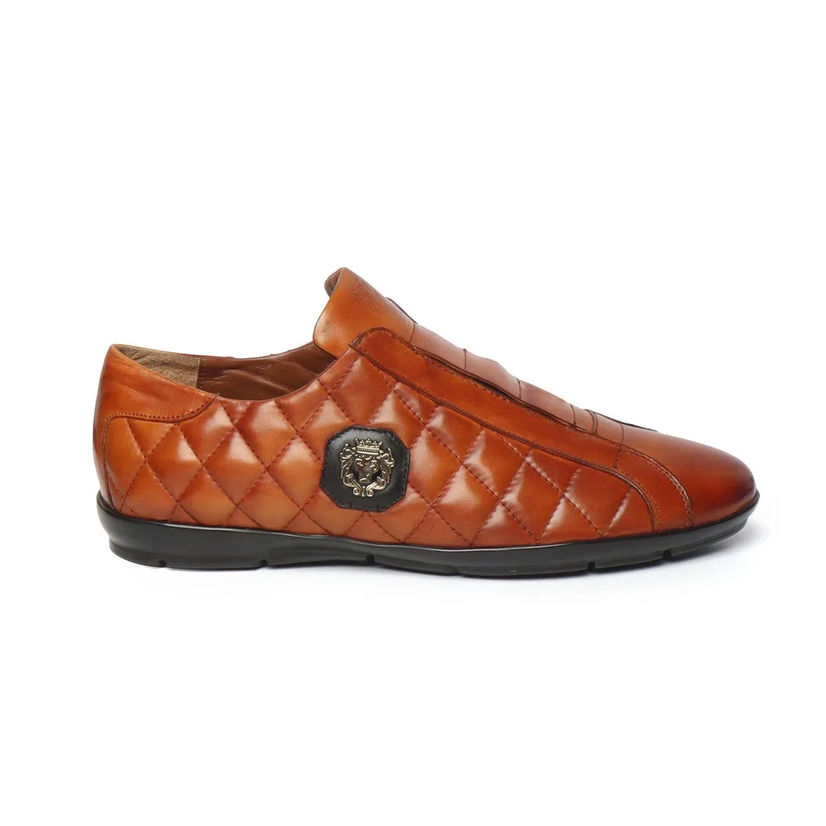 Tan Diamond Stitched Leather Comfort Sneakers